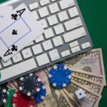 Real money, dice, chips and playing cards