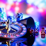 Roulette wheel spinning with dice placed nearby